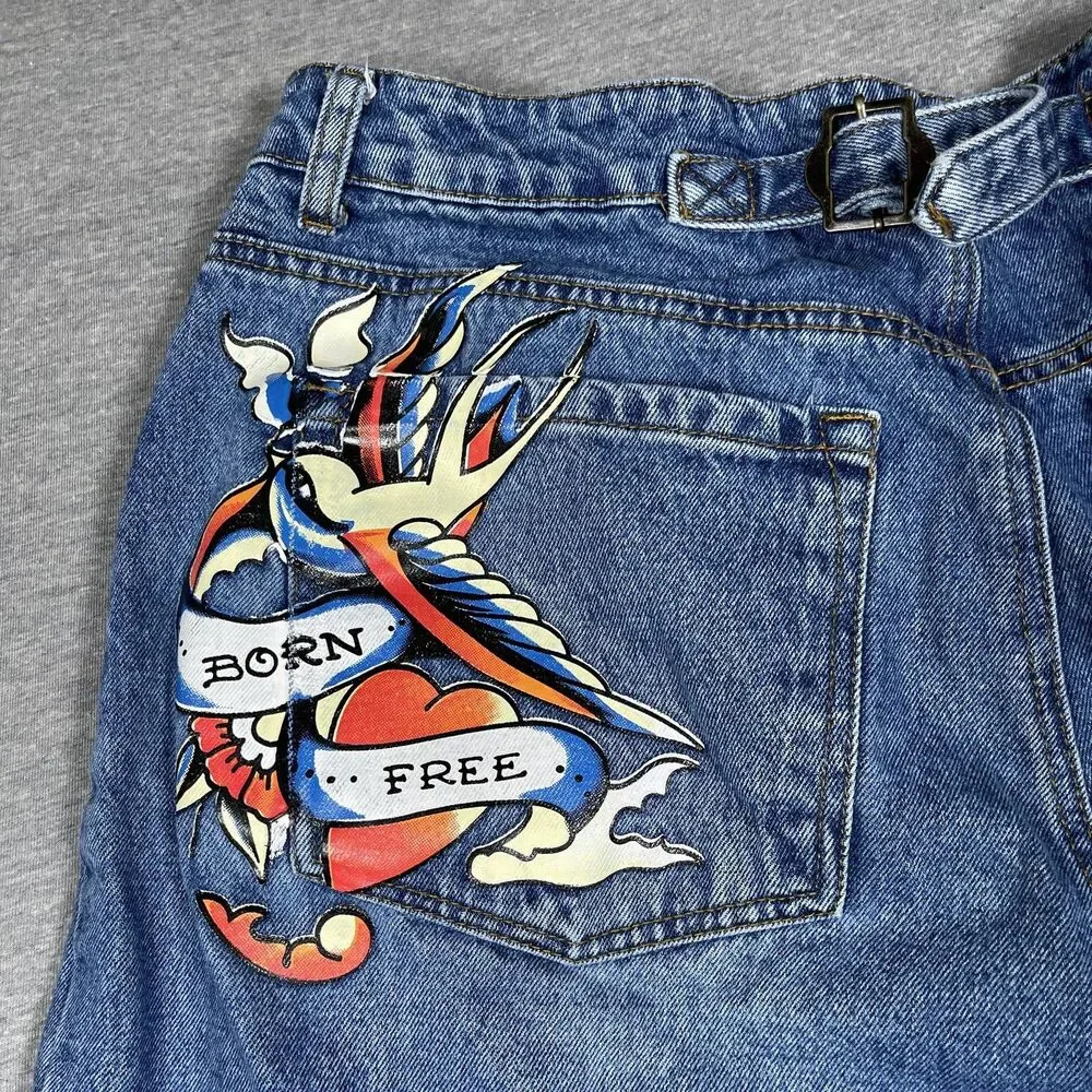VTG Ed Hardy Jeans Mens 34 Blue Medium Wash Relaxed Straight Tattoo Graphics